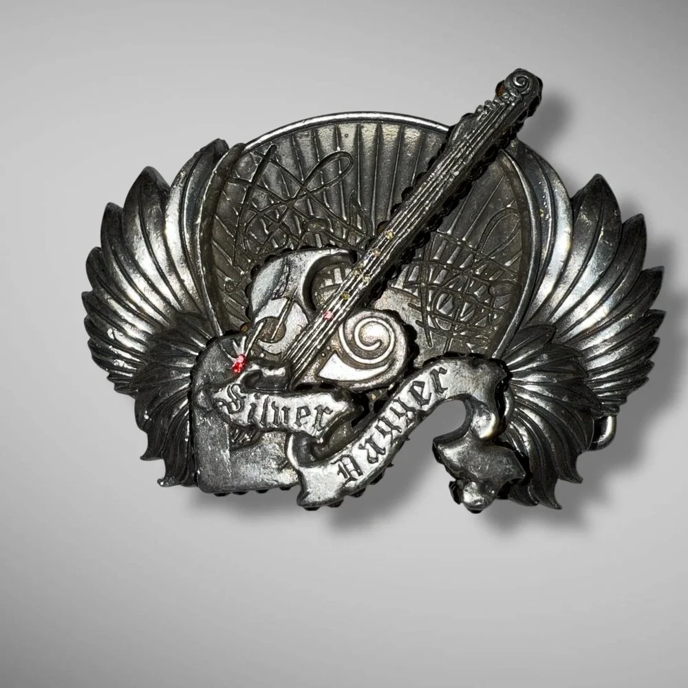 RARE Silver Dagger Belt Buckle Heavy‎ Jeweled Guitar Winged Dagger